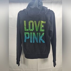 Victoria's Secret Pink Sequin Love Pink Hoodie Black Full‎ Zip Dog Logo